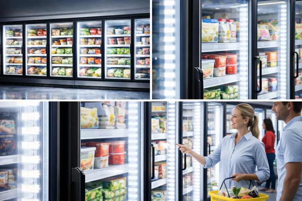 Bright LED-lit glass door freezer merchandisers displaying frozen food products in a modern grocery store with clear visibility and energy-efficient lighting