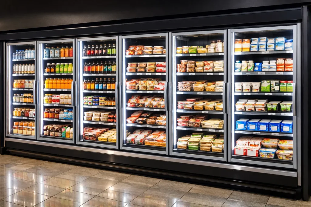 LED cooler door lighting illuminating supermarket refrigerated display cases with bright energy-efficient white lighting enhancing product visibility