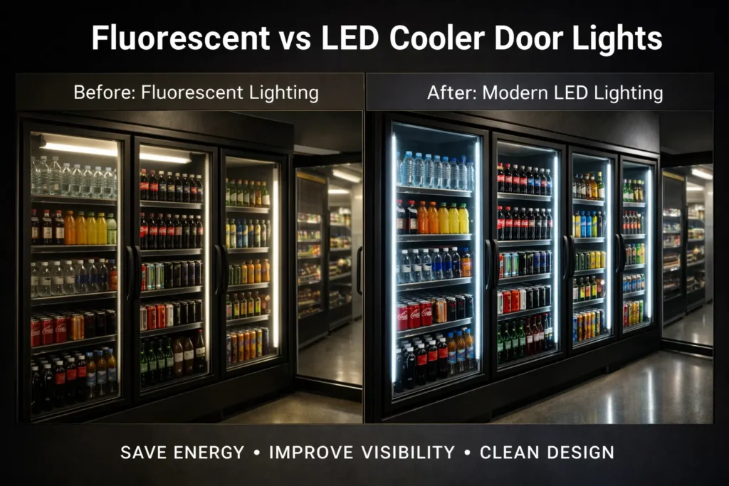 Before and after comparison of fluorescent vs LED cooler door lighting in commercial refrigerated display cases, showing brighter visibility and improved product display with LED lights.