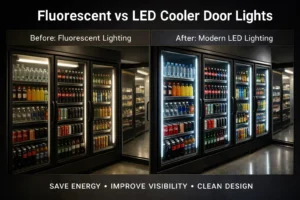 Before and after comparison of fluorescent vs LED cooler door lighting in commercial refrigerated display cases, showing brighter visibility and improved product display with LED lights.